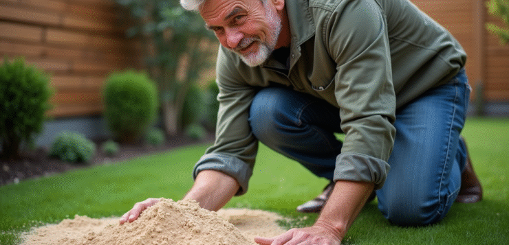 Sable dans gazon synthétique : Avantages, types et astuces à connaître Homme d'âge moyen étalant du sable sur gazon artificiel