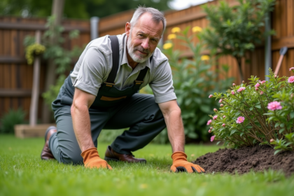 Homme en vêtements de jardinage examine une fourmilière dans le jardin