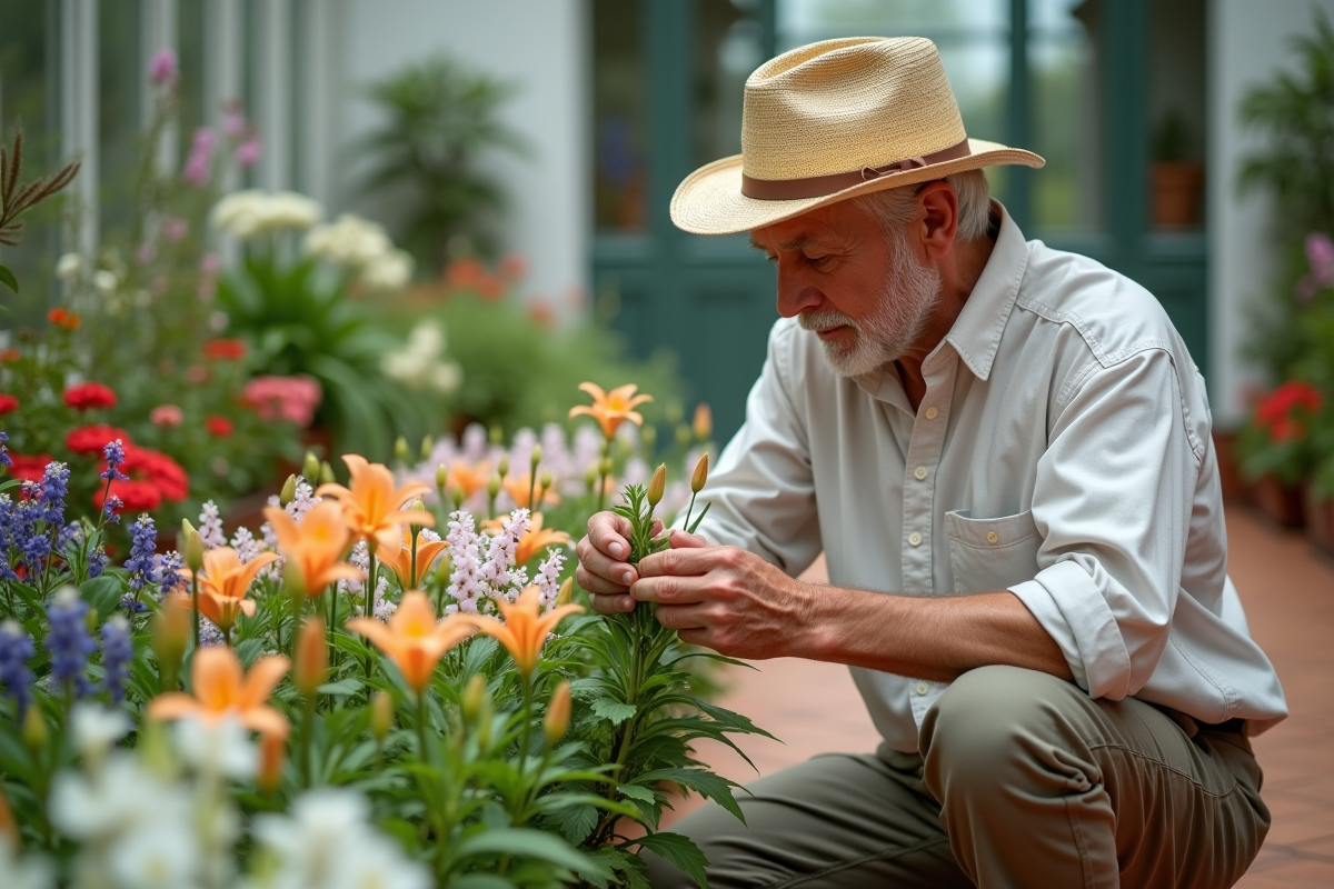 Homme âgé dans une serre avec fleurs aromatiques