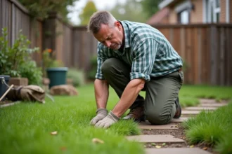 Homme d'âge moyen examine le gazon inégal dans son jardin