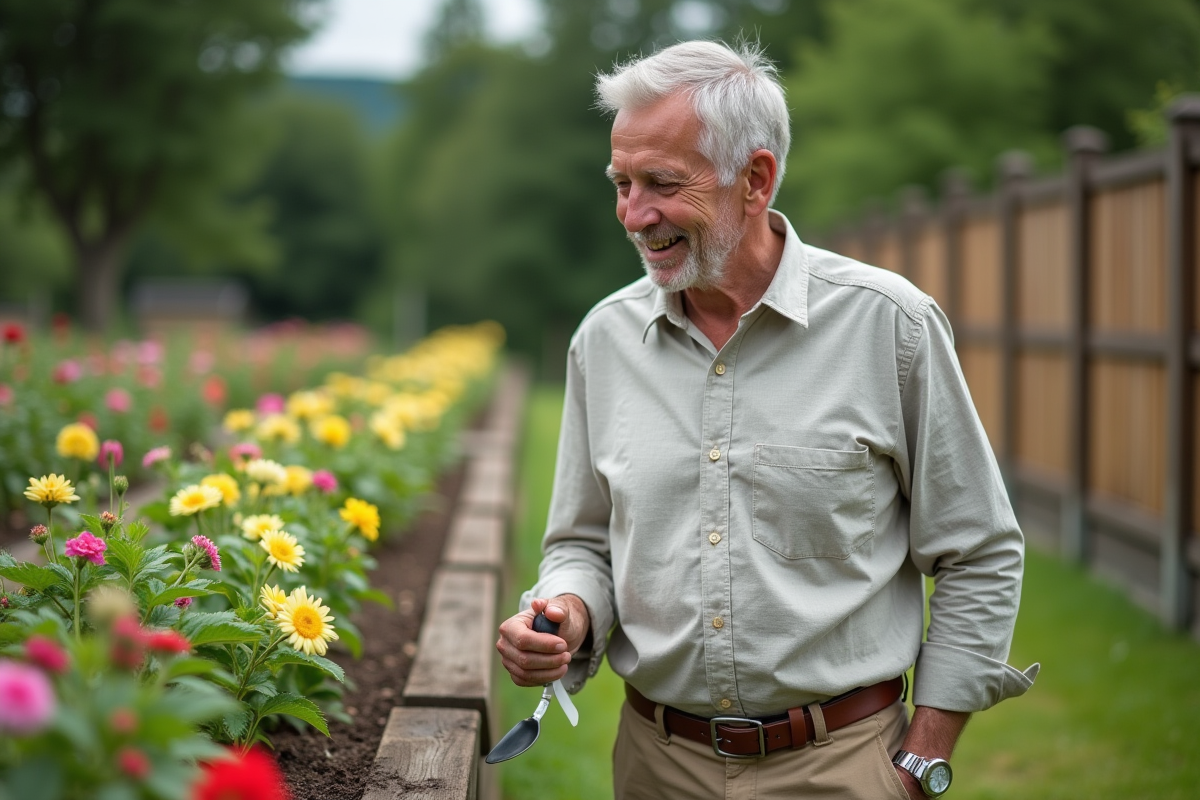Homme âgé inspectant des plantes dans le jardin communautaire