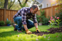 Homme en jeans de jardinage et chemise à carreaux en train de semer des graines dans la pelouse