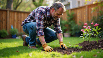Homme en jeans de jardinage et chemise à carreaux en train de semer des graines dans la pelouse