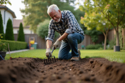 Homme d'âge moyen en vêtements de jardinage prépare le sol
