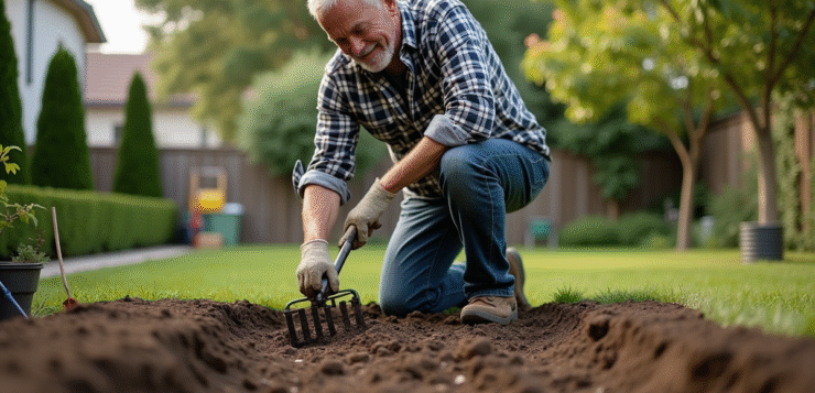 Homme d'âge moyen en vêtements de jardinage prépare le sol