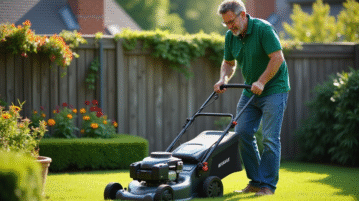 Homme d'âge moyen ajustant une tondeuse moderne dans un jardin résidentiel