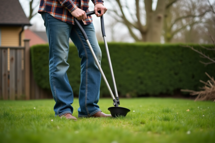 Homme d'âge moyen examine son jardin vert avec scarificateur