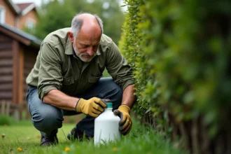 Homme lisant l'étiquette d'un débroussaillant herbicide dans son jardin pour vérifier s'il est interdit