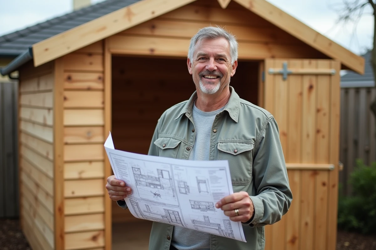 Homme souriant avec plans de construction et cabane en bois