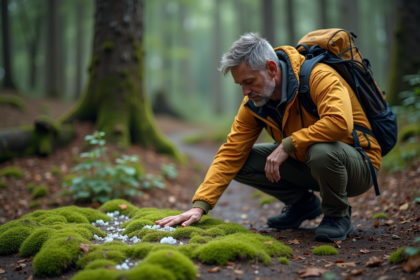 Homme examinant de la mousse verte avec du sel en forêt