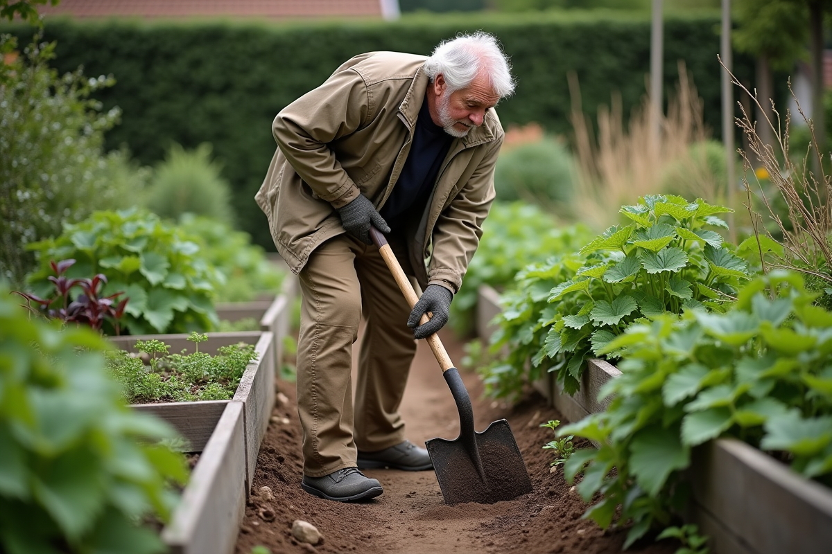 Homme âgé avec houe en jardinage de nettles