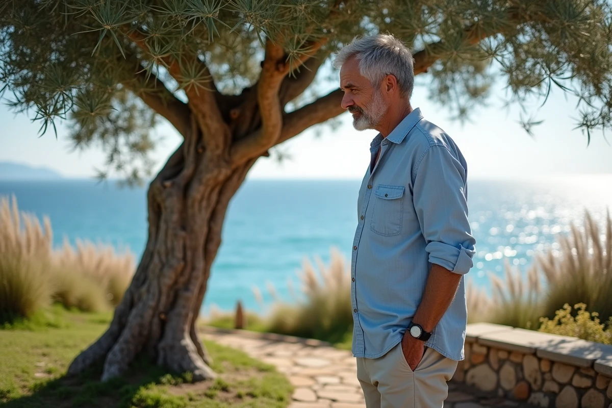 Homme méditerranéen examine un olivier près de la mer