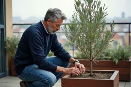 Homme d'âge moyen plantant un olivier en ville