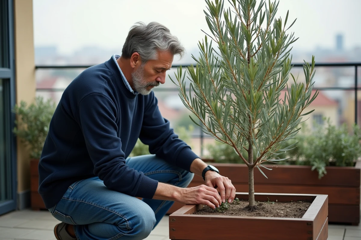 Homme d'âge moyen plantant un olivier en ville