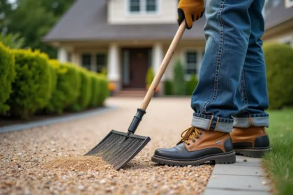 Homme en vêtements de travail ratisse du gravier dans une allée résidentielle