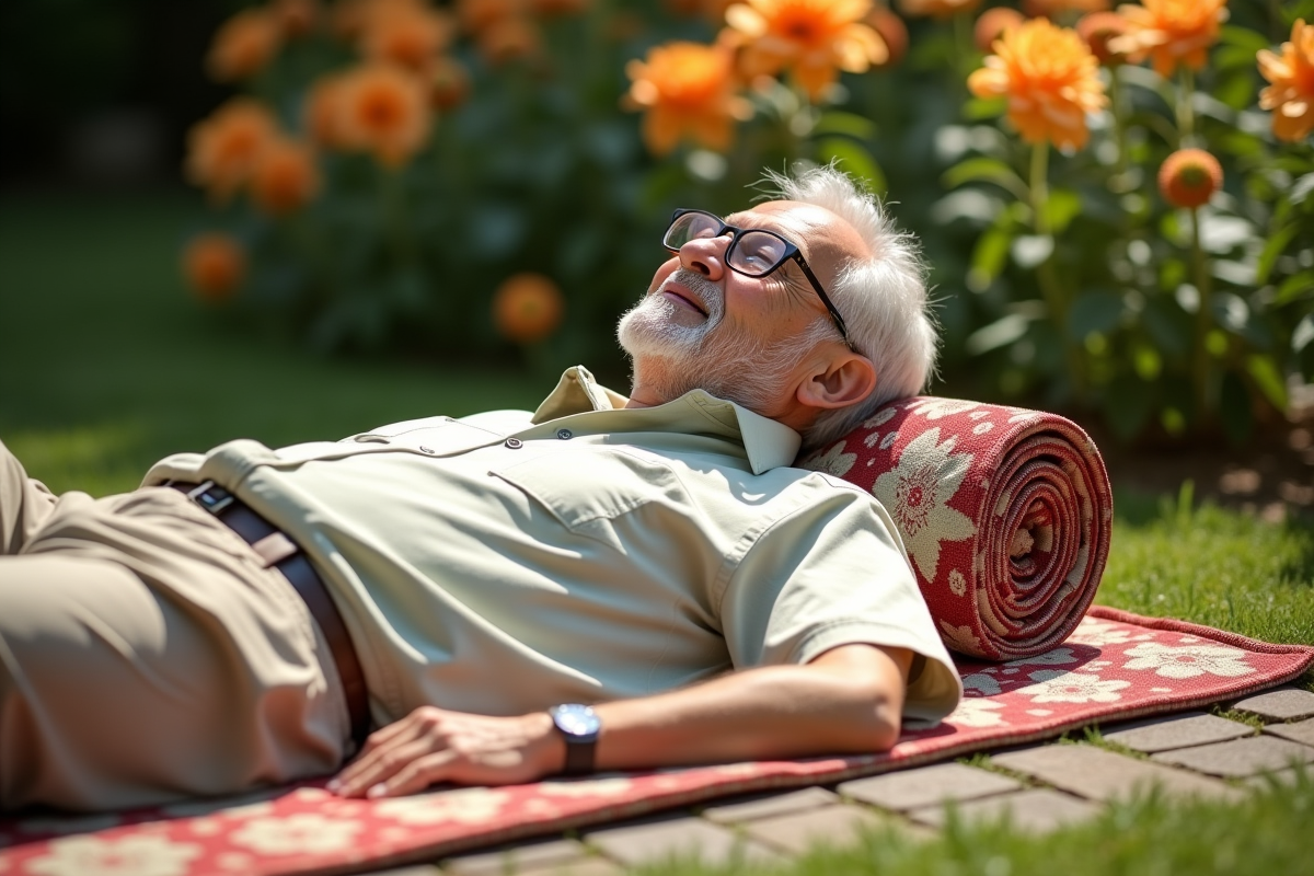 Homme âgé allongé sur un tapis floral dans un jardin ensoleille
