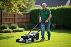 Homme d'âge moyen tondant la pelouse dans un jardin