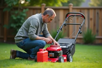 Homme d'âge moyen examine sa tondeuse dans le jardin