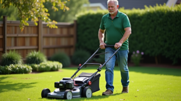 Homme d'âge moyen tondant la pelouse dans un jardin