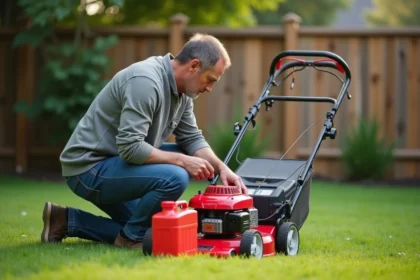 Homme d'âge moyen examine sa tondeuse dans le jardin