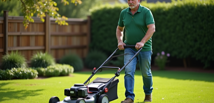 Homme d'âge moyen tondant la pelouse dans un jardin