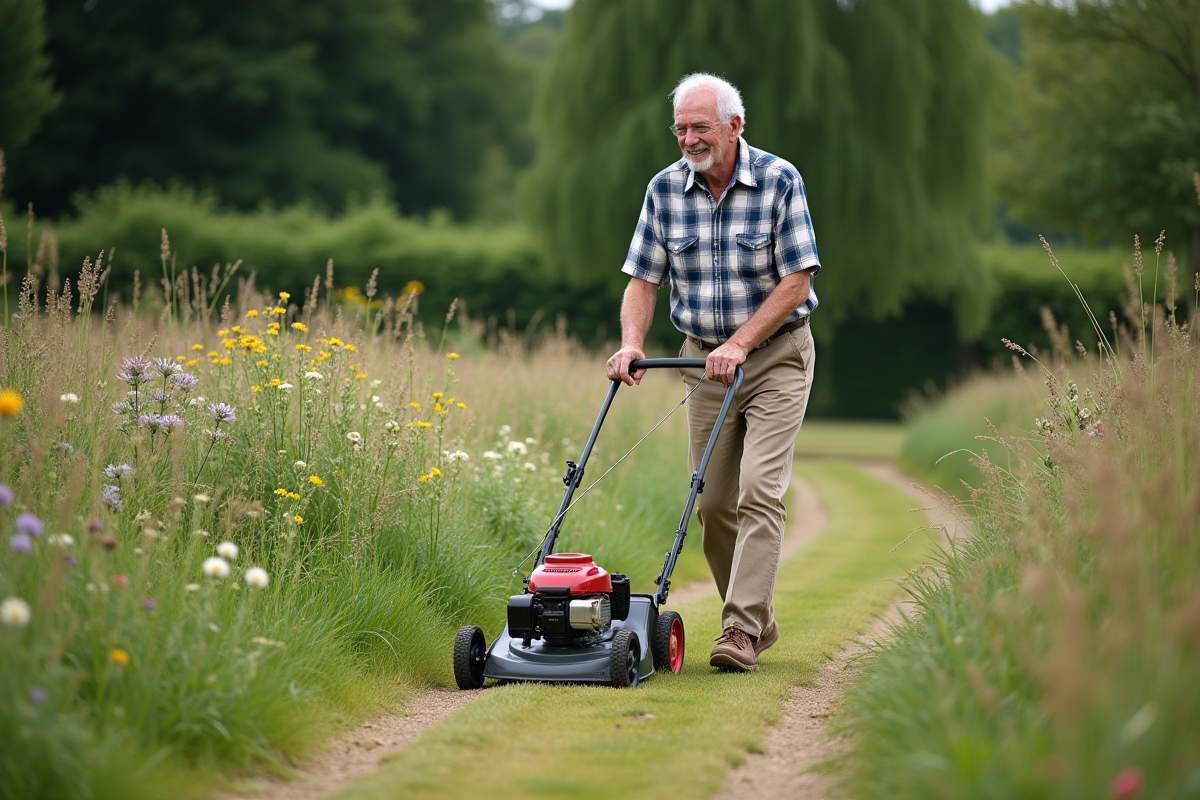 Homme âgé poussant une tondeuse à gazon dans un jardin rural
