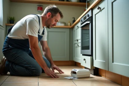 Homme en salopette examine une petite trappe à cafards dans la cuisine