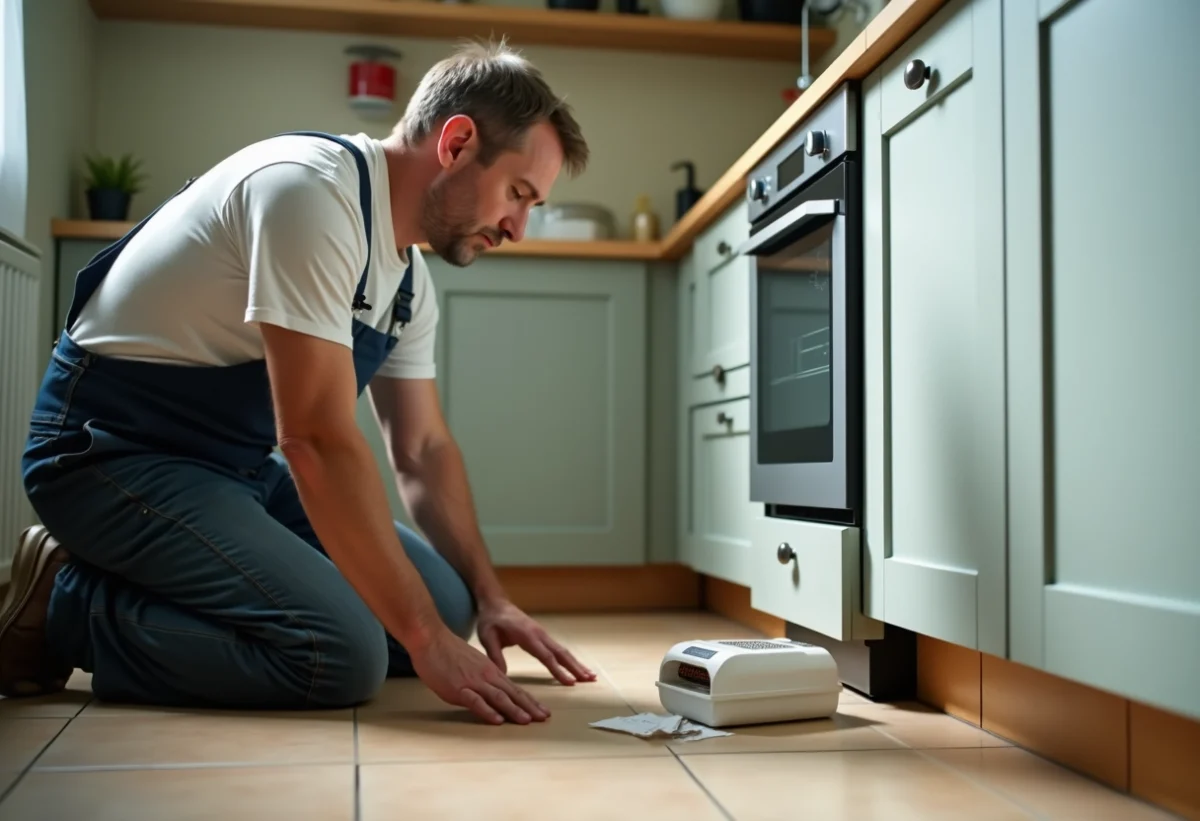 Homme en salopette examine une petite trappe à cafards dans la cuisine