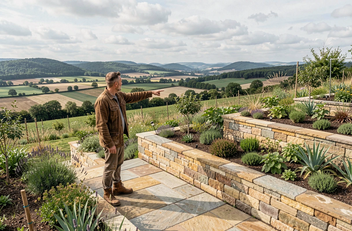 Paysagiste d'Horizon Paysage présentant une terrasse en pierre aménagée avec vue panoramique sur la vallée de la Dordogne
