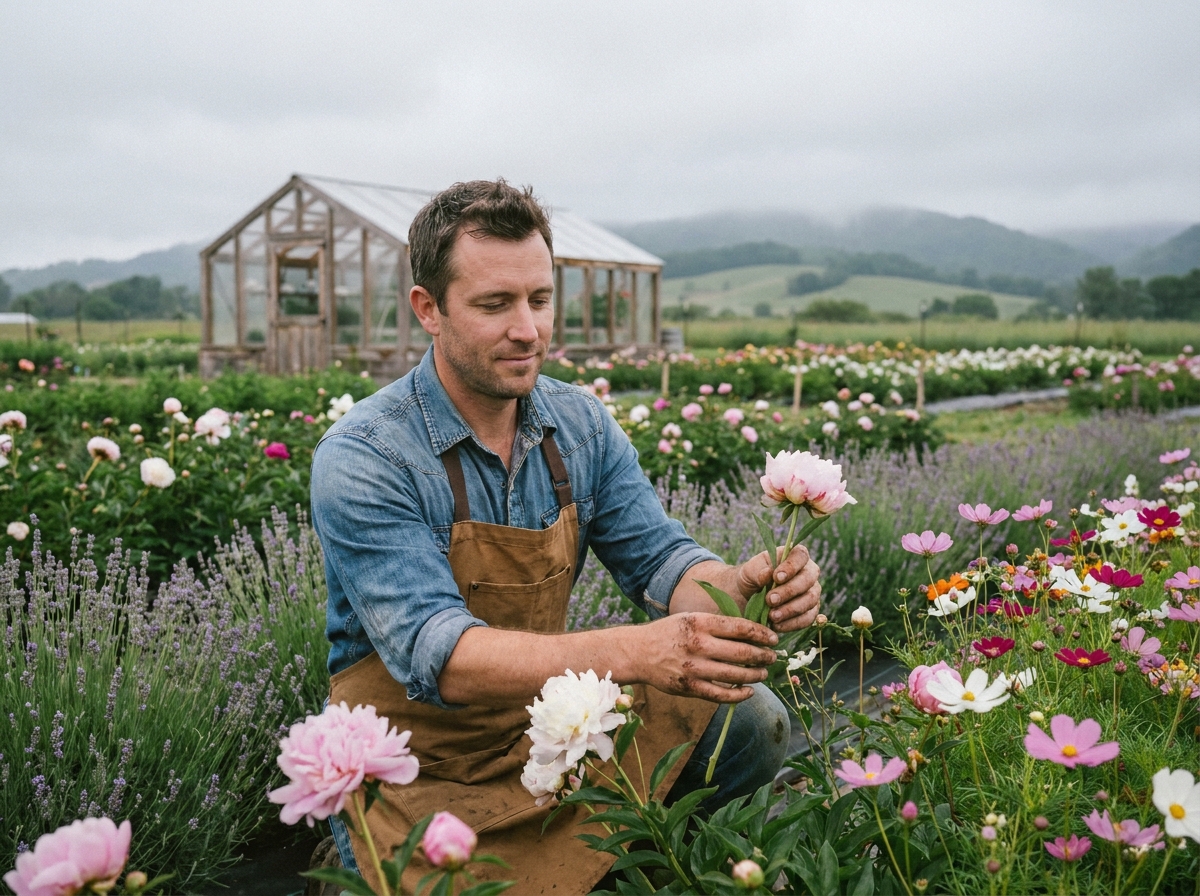 Maraîcher horticulteur récoltant des pivoines dans un jardin de fleurs en plein air à la campagne
