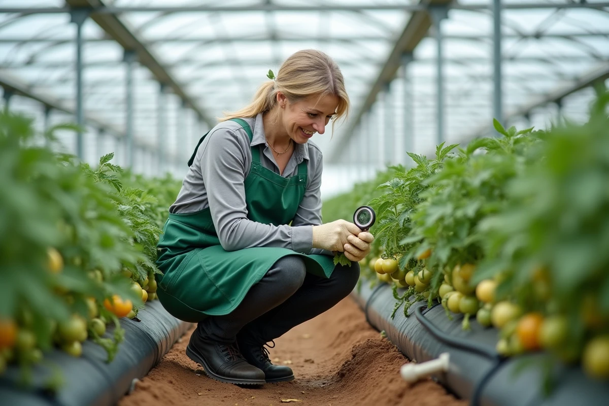 Horticultrice inspectant des feuilles de tomates jaunes entre les rangs d'une serre commerciale