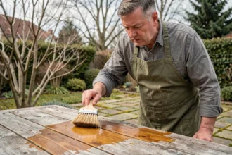 Homme appliquant de l'huile de teck sur une table de jardin en bois au printemps, avec une brosse naturelle, dans un jardin résidentiel