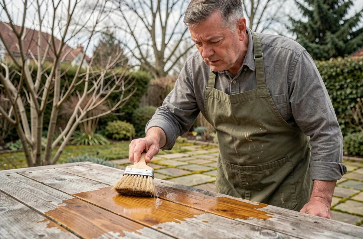 Homme appliquant de l'huile de teck sur une table de jardin en bois au printemps, avec une brosse naturelle, dans un jardin résidentiel