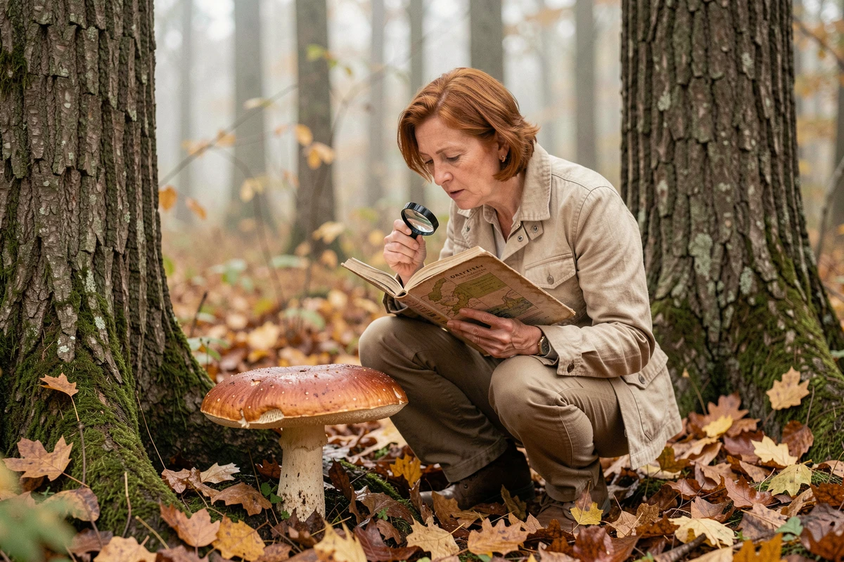 Mycologiste amateur identifiant un bolet en forêt de feuillus à l'automne avec loupe et guide de terrain