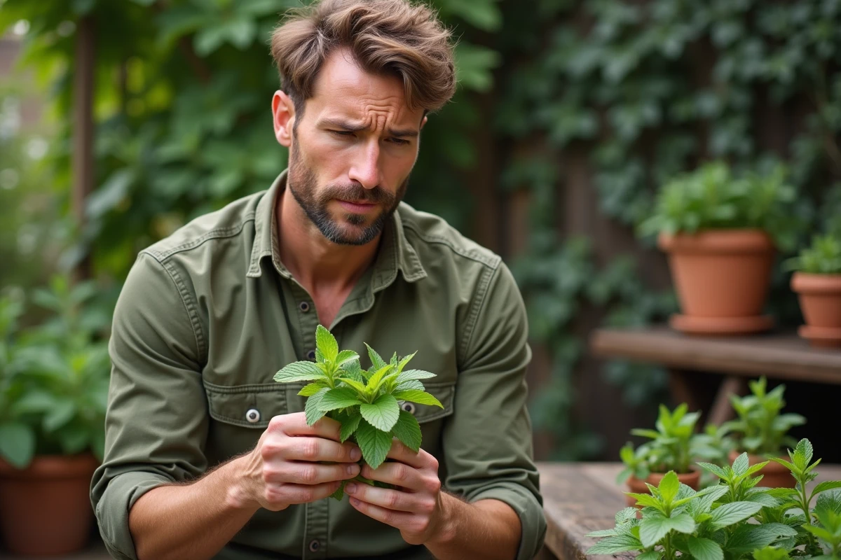 Homme inspectant des feuilles de menthe noircies après récolte dans un jardin d'herbes aromatiques avec pots en terre cuite en arrière-plan
