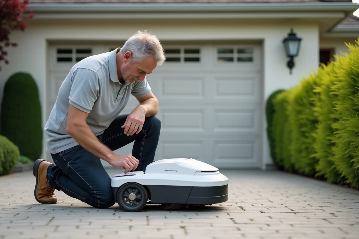 Homme examinant les lames d'un robot tondeuse Kress sur une allée de jardin, inspection technique détaillée