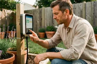 Homme installant un contrôleur d'arrosage connecté JARDINIC dans un jardin résidentiel