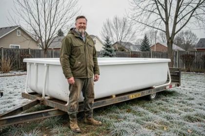 Installateur professionnel à côté d'une piscine coque en fibre de verre livrée en hiver dans un jardin givré