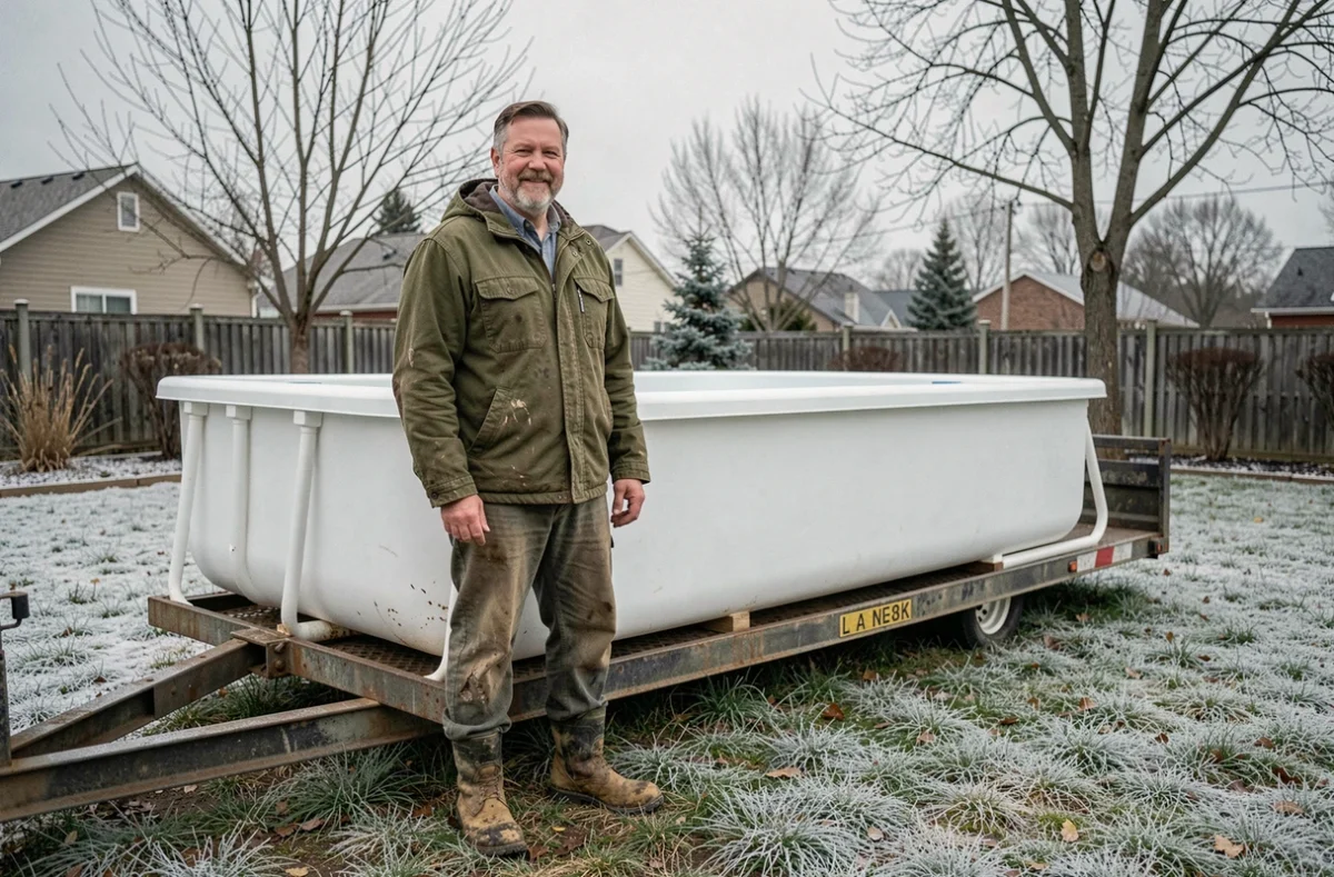 Installateur professionnel à côté d'une piscine coque en fibre de verre livrée en hiver dans un jardin givré