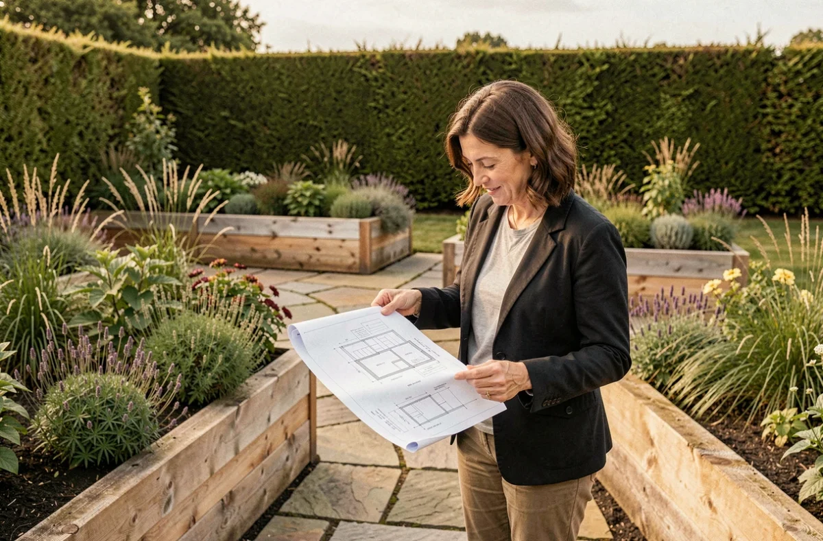 Conceptrice paysagère étudiant les plans d'aménagement d'un jardin sur mesure entouré de bordures fleuries