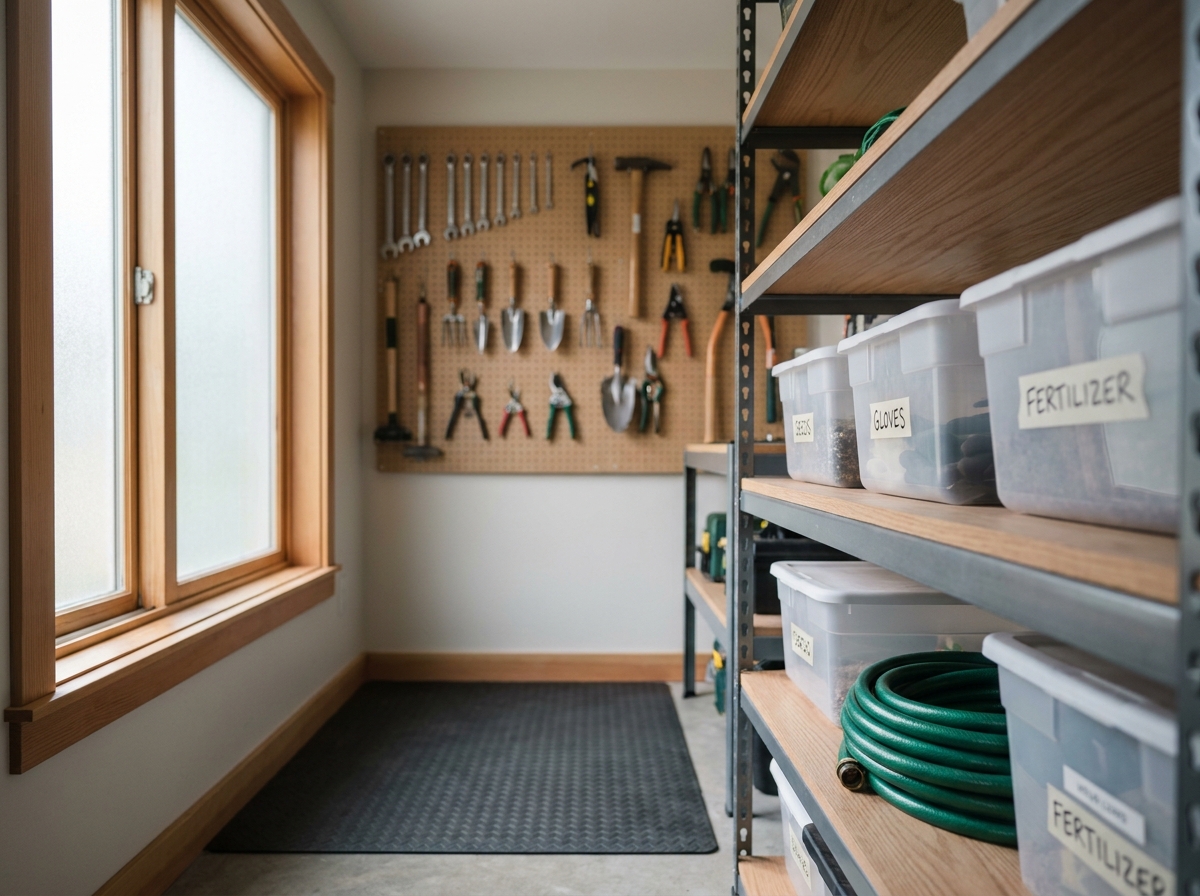 Intérieur organisé d'un local technique de jardin avec rangement mural, étagères métalliques et outils bien classés