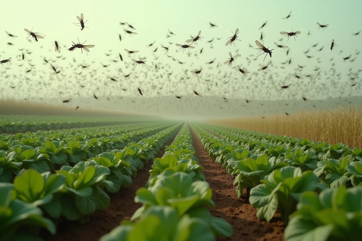 Invasion de criquets ravageant un champ de légumes, nuage dense d'insectes au-dessus des cultures endommagées