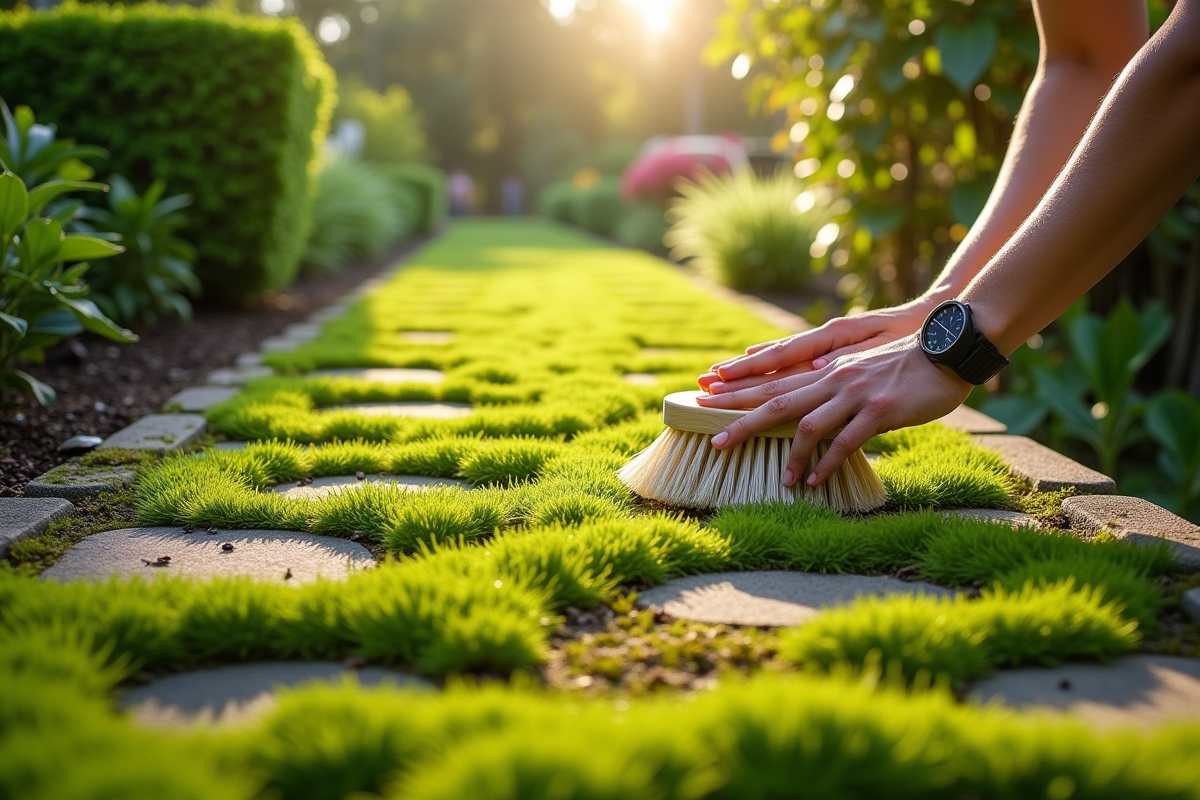 Chemin de jardin avec mousse verte nettoyee au bicarbonate