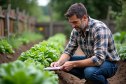 Homme d'âge moyen dans un jardin potager en pleine croissance