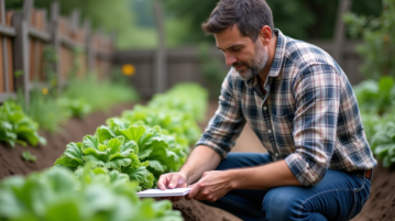 Homme d'âge moyen dans un jardin potager en pleine croissance