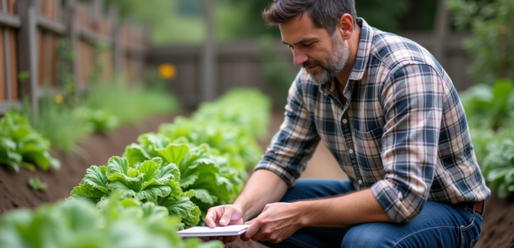 Homme d'âge moyen dans un jardin potager en pleine croissance