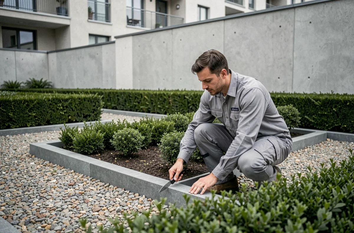 Jardinier en tenue professionnelle entretenant un jardin urbain géométrique au Havre