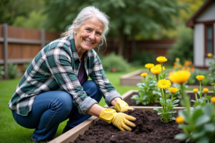 Femme jardinant avec compost dans un jardin verdoyant