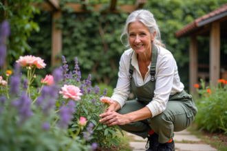 Femme d'âge moyen jardinant avec roses et lavande