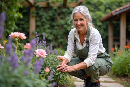Femme d'âge moyen jardinant avec roses et lavande
